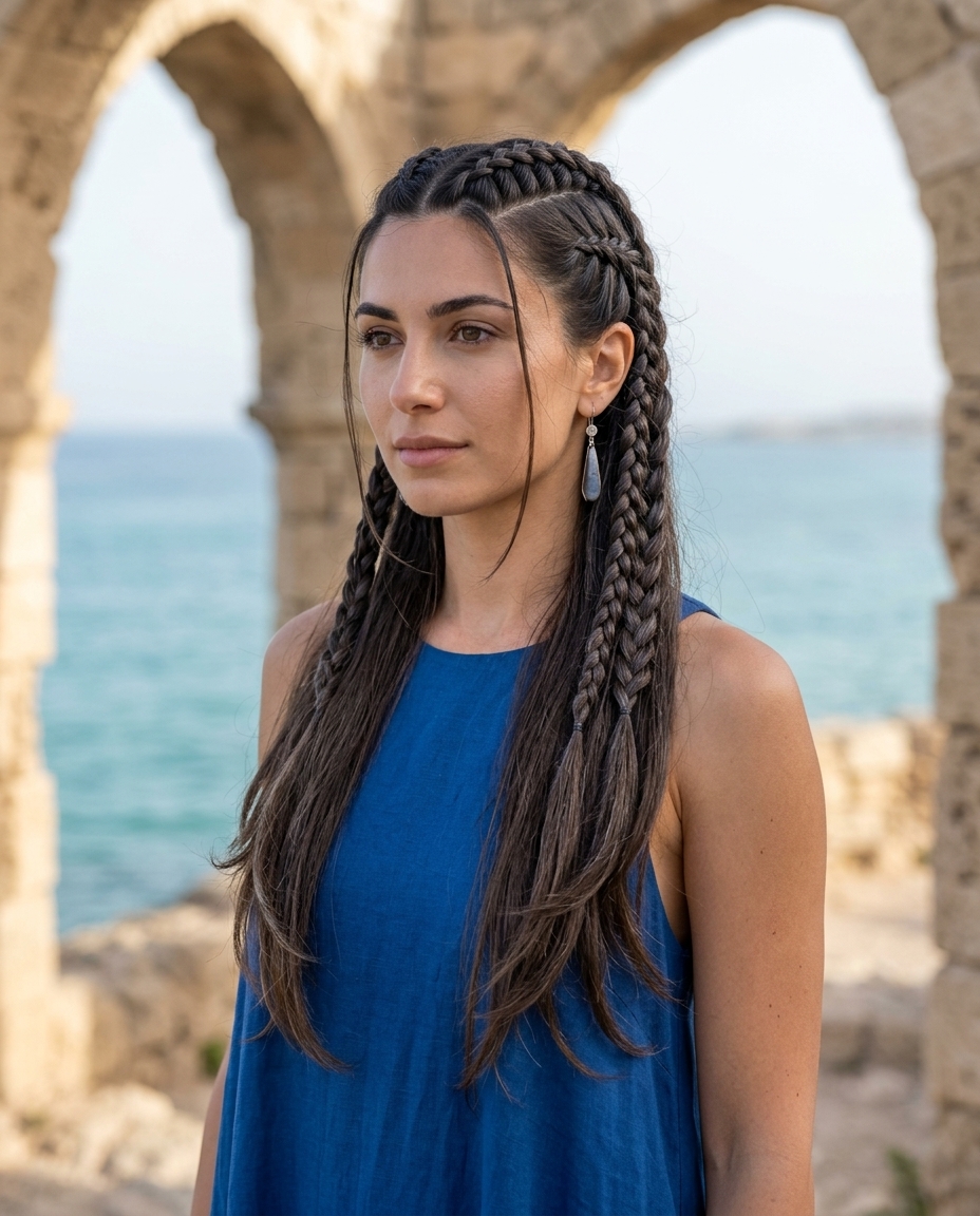 long deep natural brunette sculptural braids with clear gloss finish for summer vacation