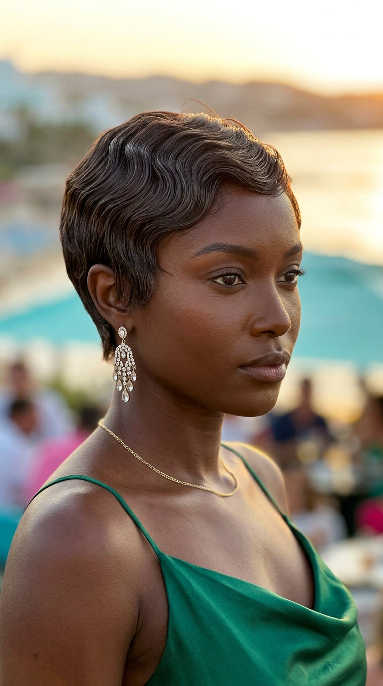 Glossy Bob 2026: Deep Brunette Waves short wavy bob haircut with deep cool brunette color, glossy finish, no fringe — sophisticated evening event