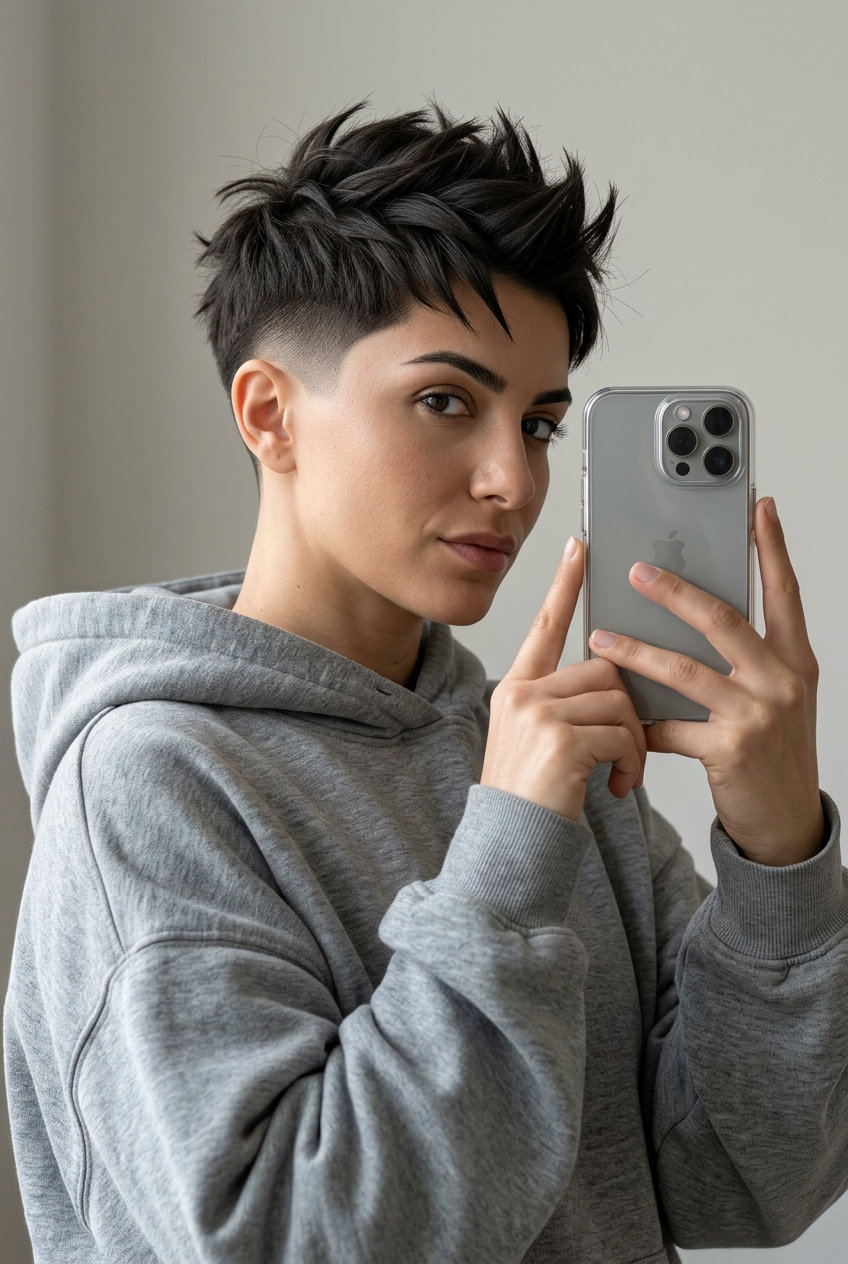 very short clipper cut with fade and textured top in deep brunette
