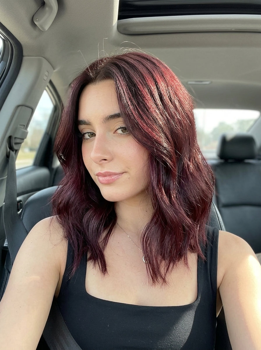 medium textured lob haircut with deep burgundy color, point-cut layers, no bangs — bold statement