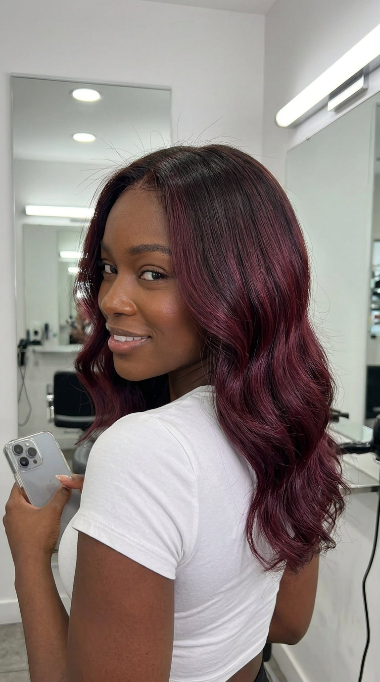 long layered burgundy haircut with deep cherry ombré and color melt for dramatic looks