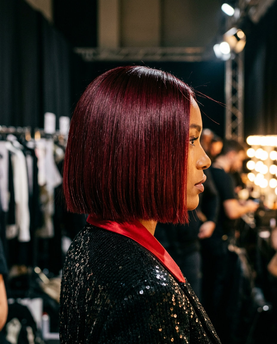 short blunt bob haircut in deep cherry red with burgundy undertones, one-length for date night