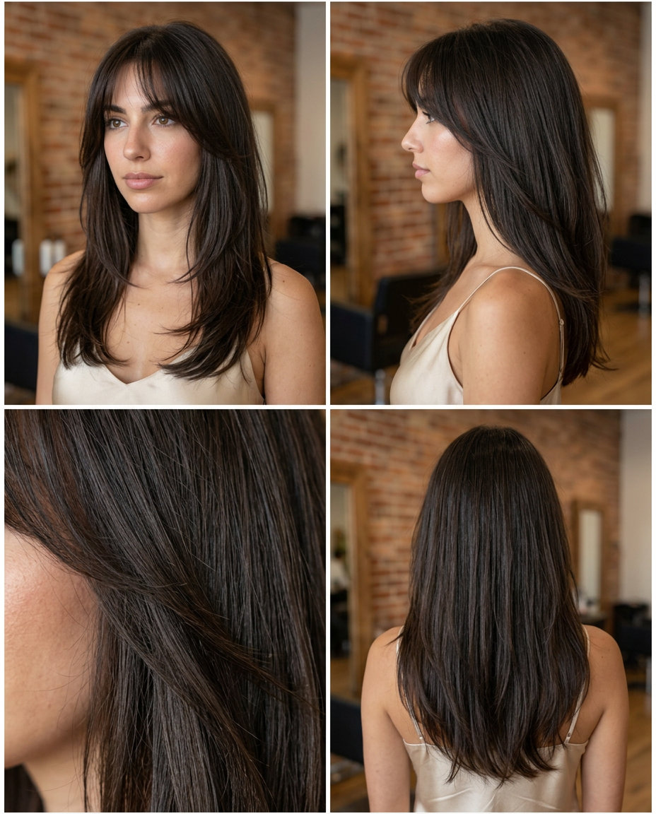 long hush cut in deep espresso brunette with wispy bangs, airy layers, and V-shape back — playful and chic