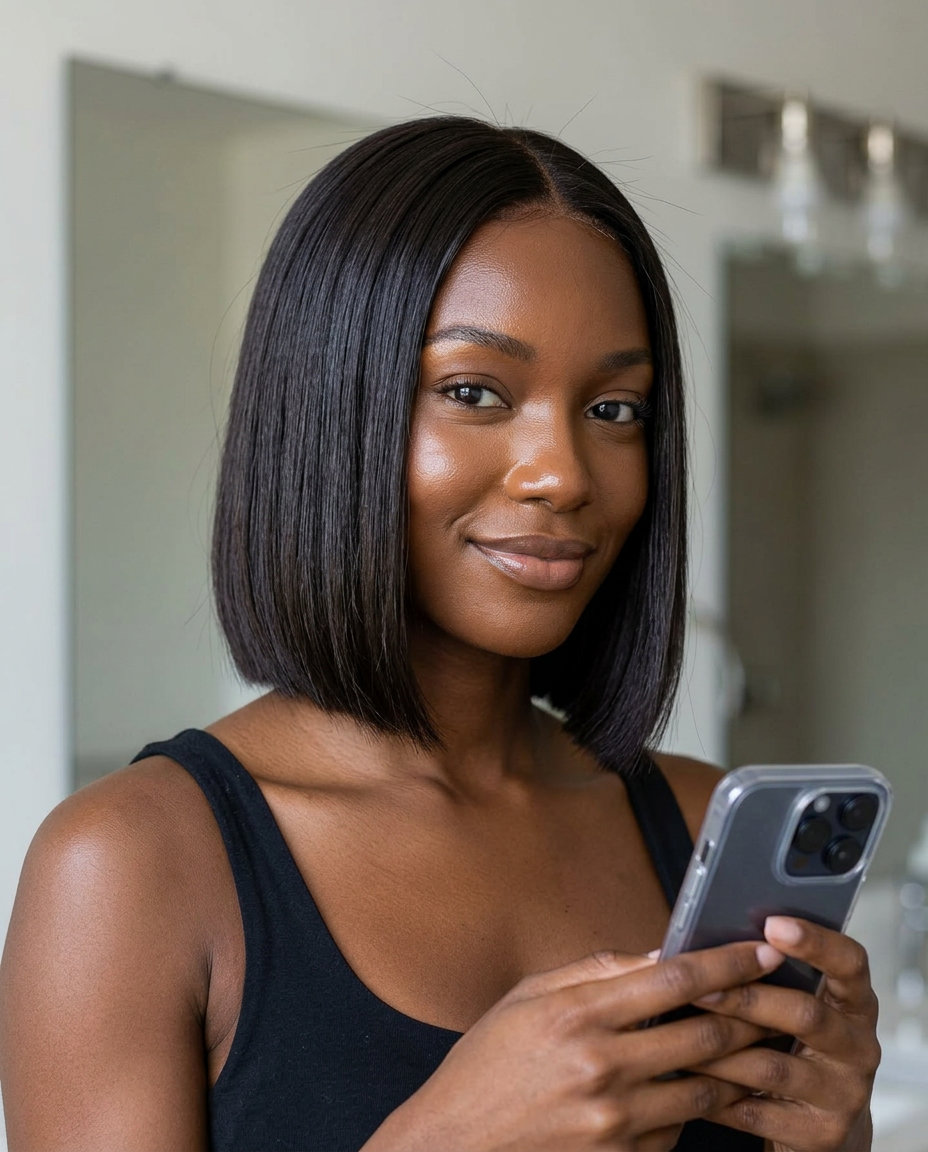 chin-length blunt bob haircut with razor-sharp perimeter in deep espresso