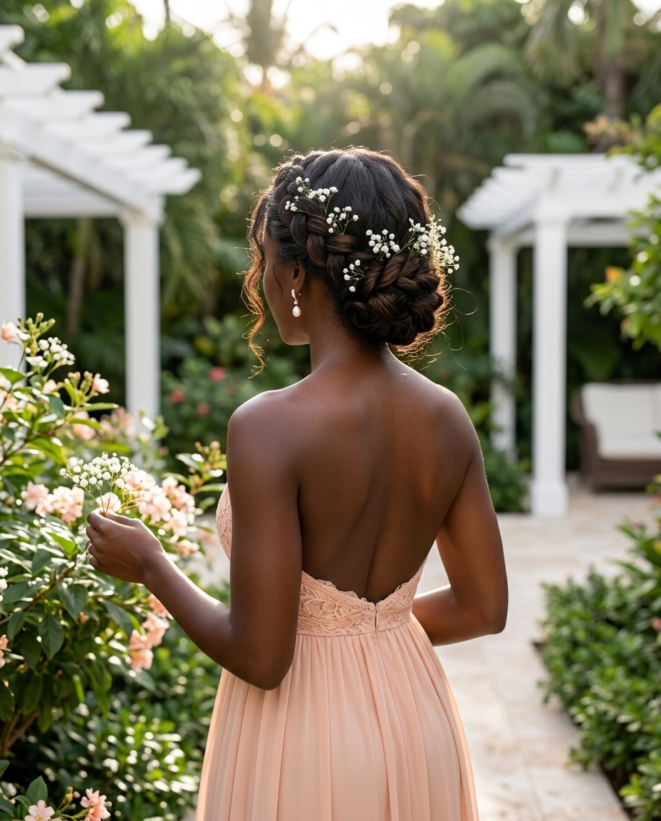long braided crown hairstyle with deep espresso, baby's breath accents, for summer