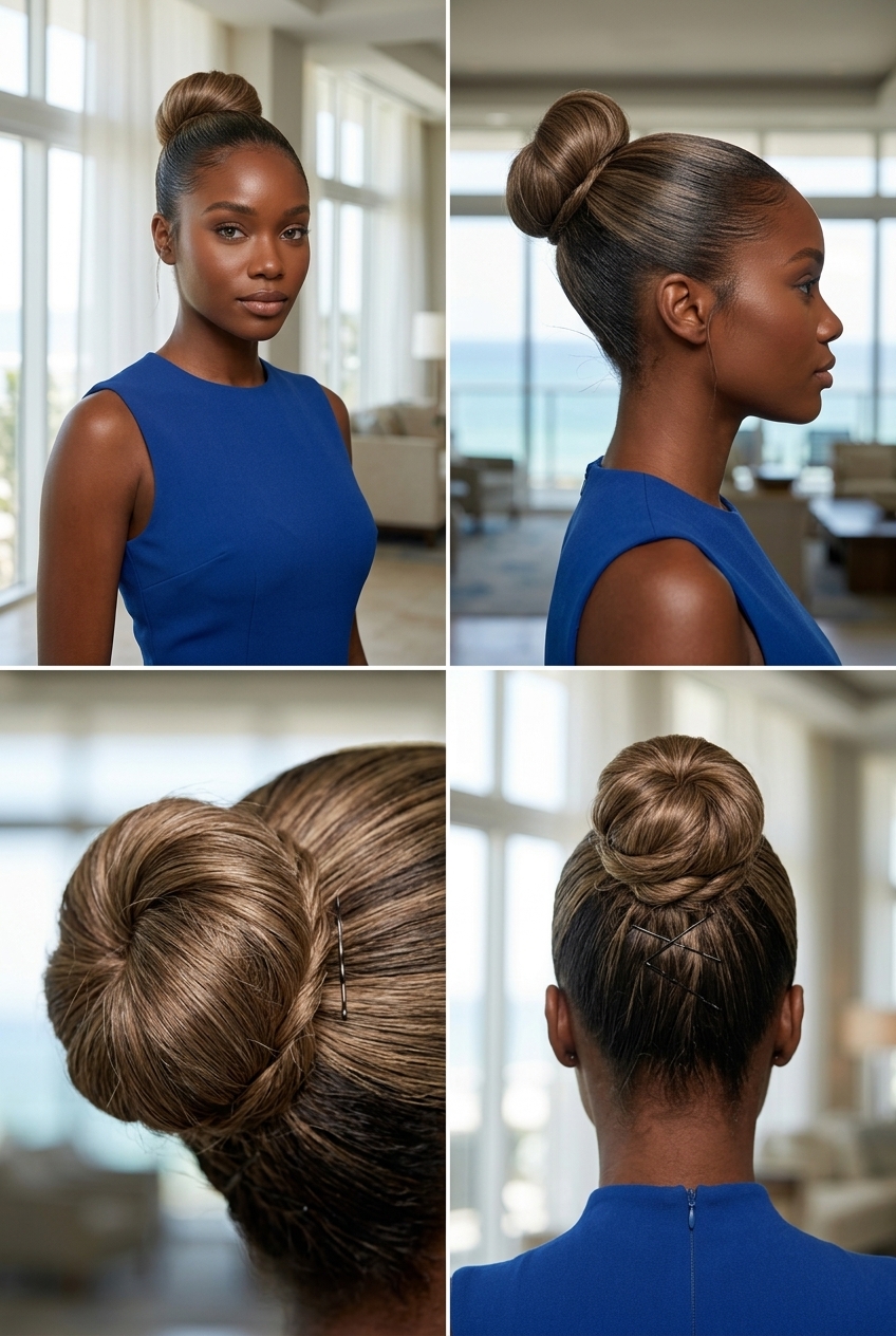 long deep espresso high bun with glass finish, slicked back, no fringe — bold glamorous