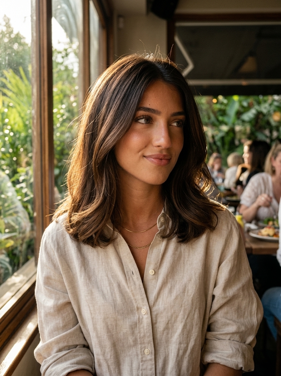 long U-cut with deep espresso ombré midnight brunette, soft blend, no fringe — natural
