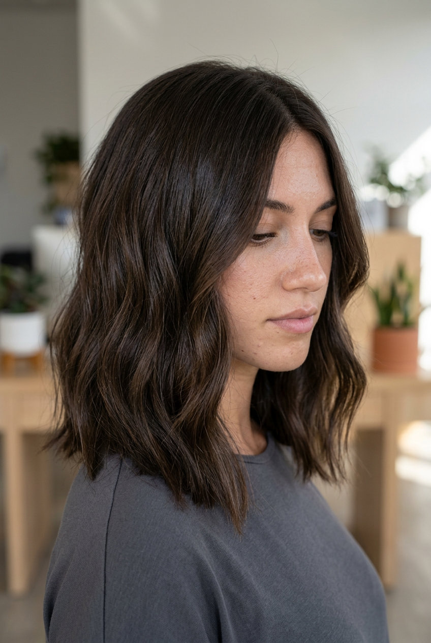 medium textured lob haircut with deep espresso color, internal texturizing, no bangs — professional look