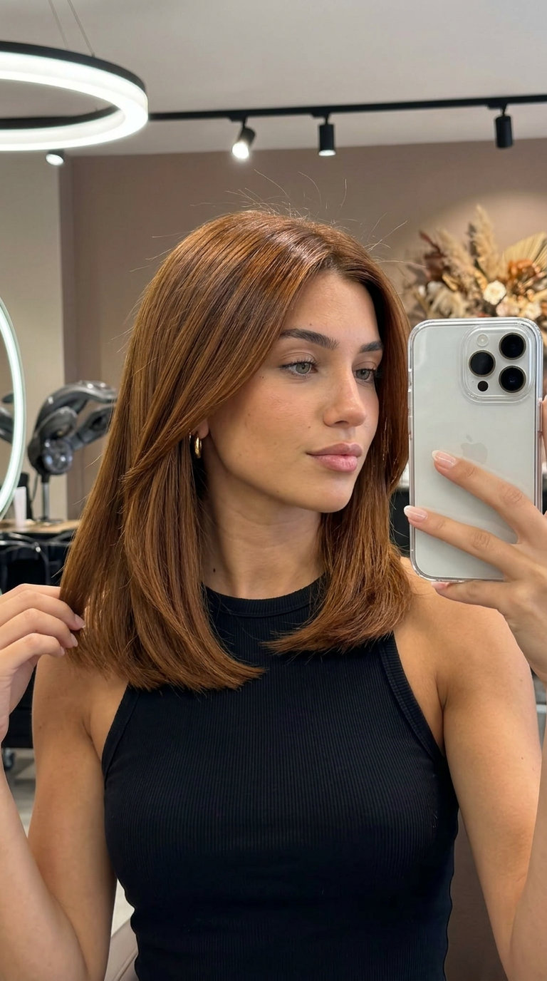 short blunt bob honey brown hair with deep amber glaze, sophisticated mood