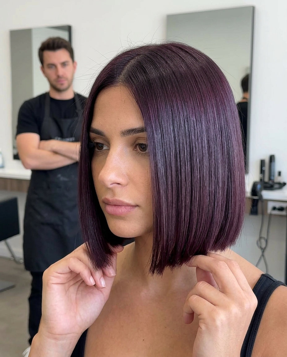 jaw-length deep plum bob haircut with cool violet undertones, ultra-blunt perimeter for a sleek look