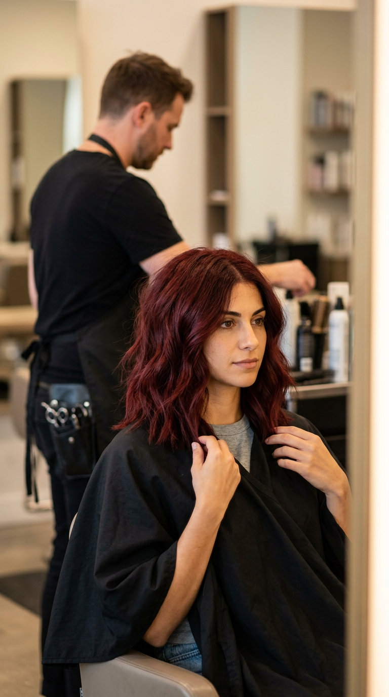 medium textured lob haircut with deep ruby red color, point-cut layers, no bangs — glamorous look