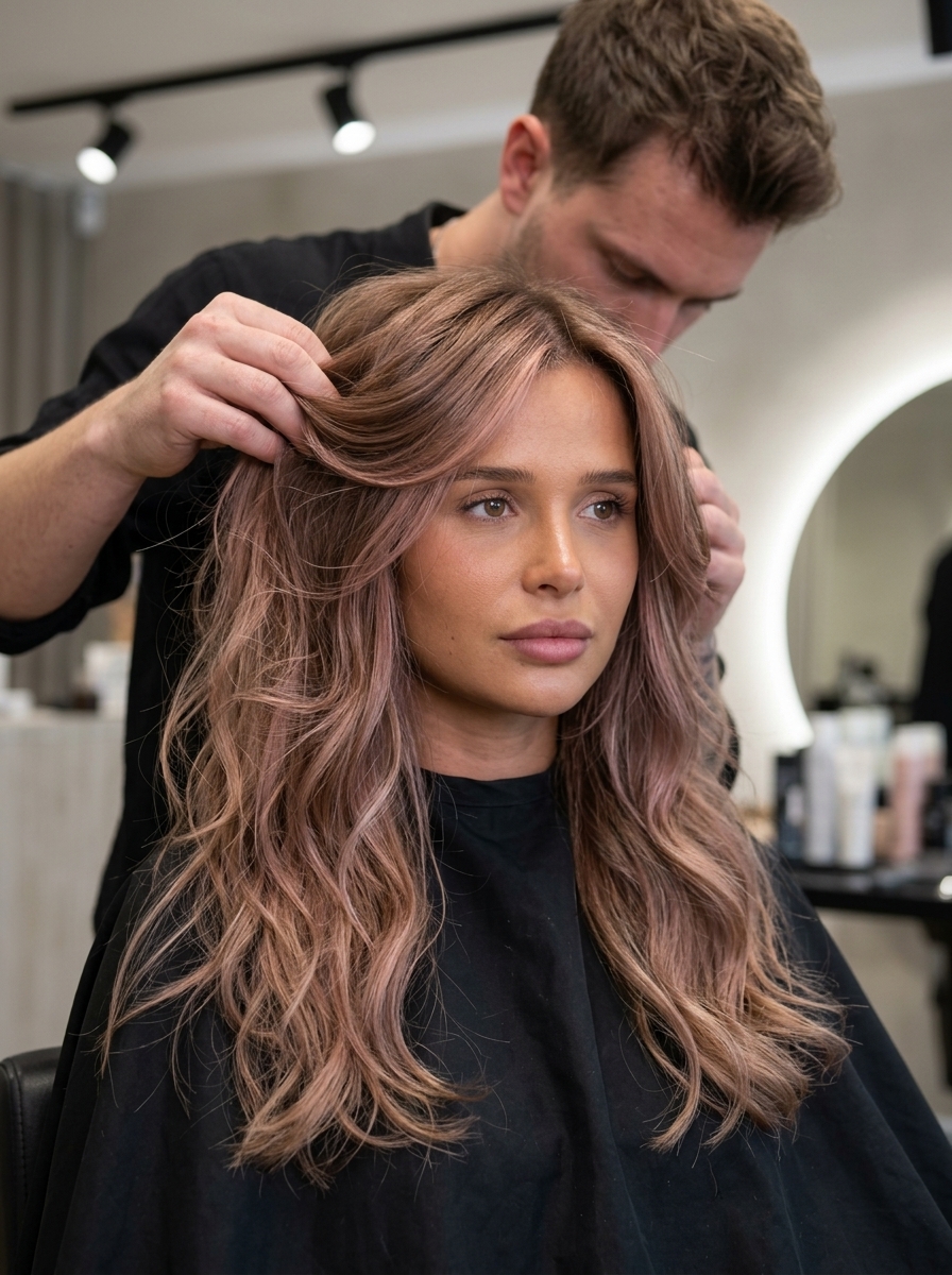 Long layered hair with desert rose balayage, face-framing pieces, soft U-shape back — natural