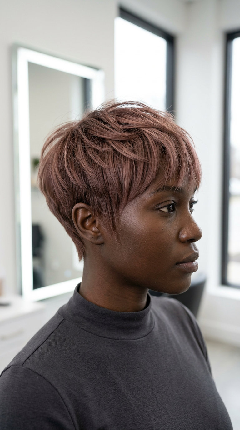Short pixie crop with dusty cedar rose brunette, piecey top layers, tapered sides — playful