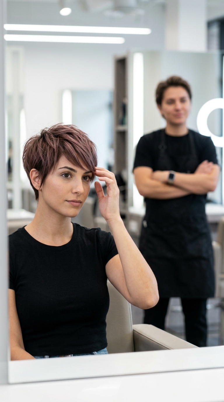 Short razored pixie with dusty mauve rose, piecey top layers, tapered sides — edgy