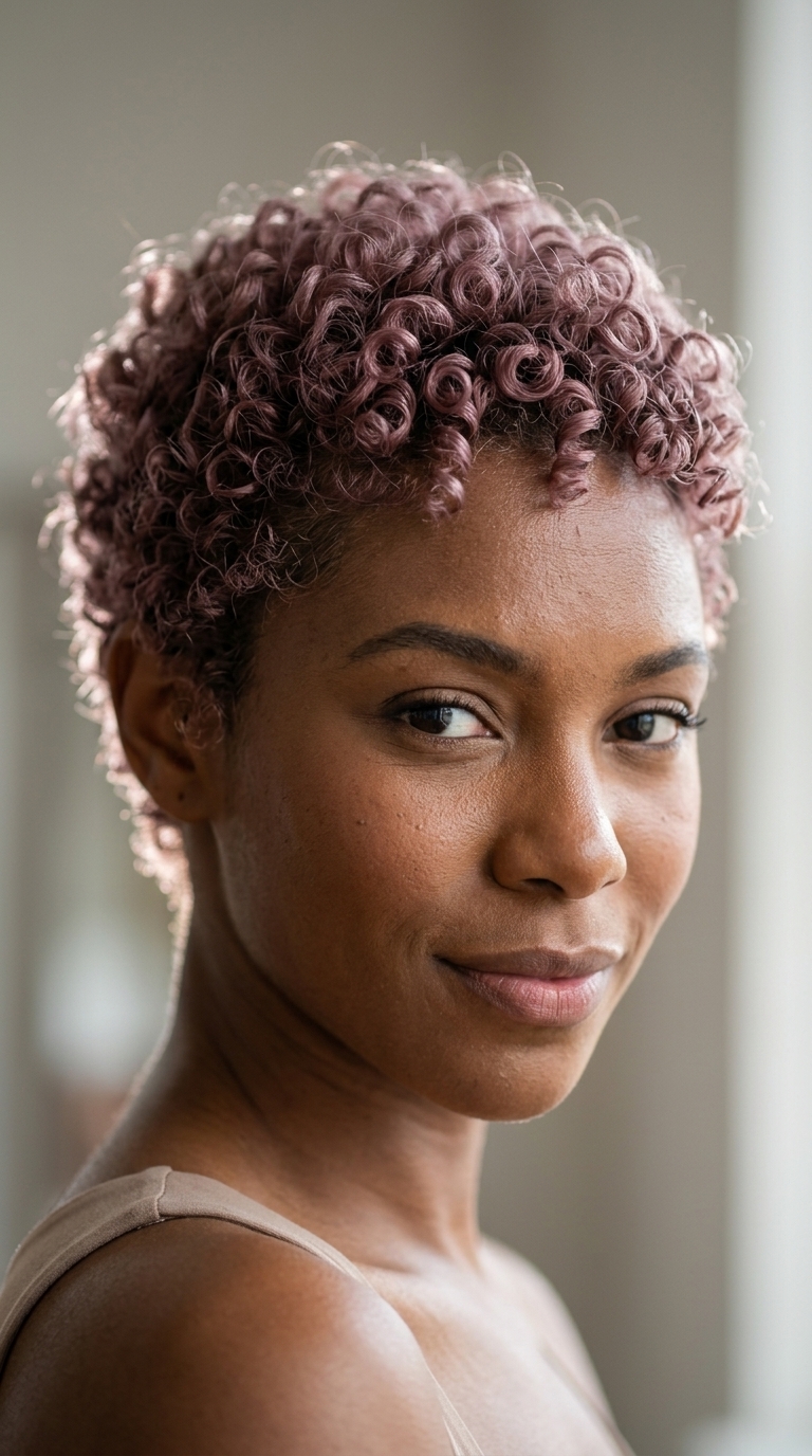 short textured pixie with dusty purple finger coils for summer