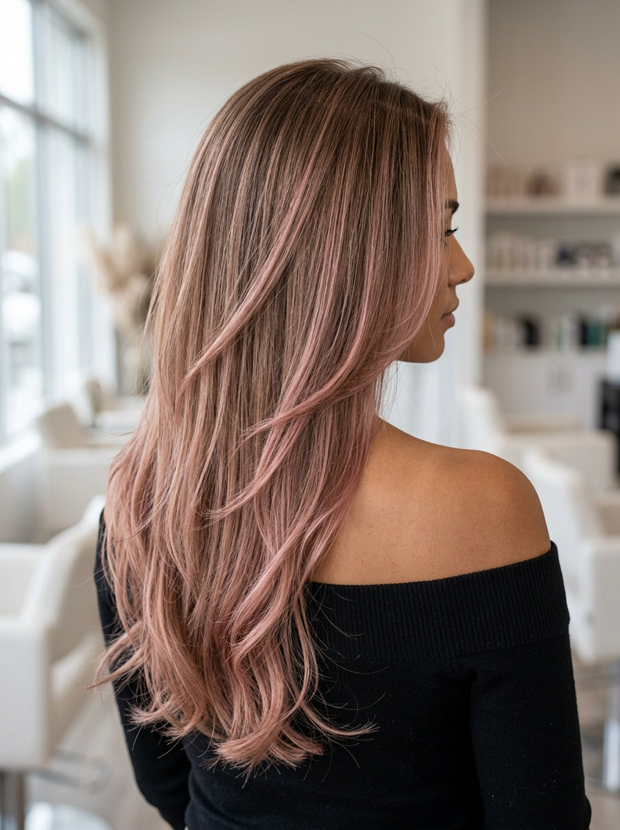 waist-grazing layered rose brunette with dusty pink balayage, soft face-framing — romantic, boho