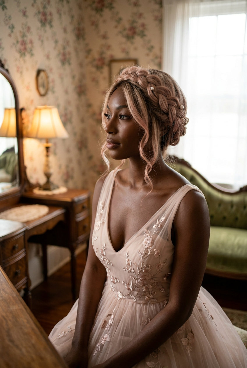 long layered hairstyle with dusty rose gold balayage, romantic braids for summer wedding guest