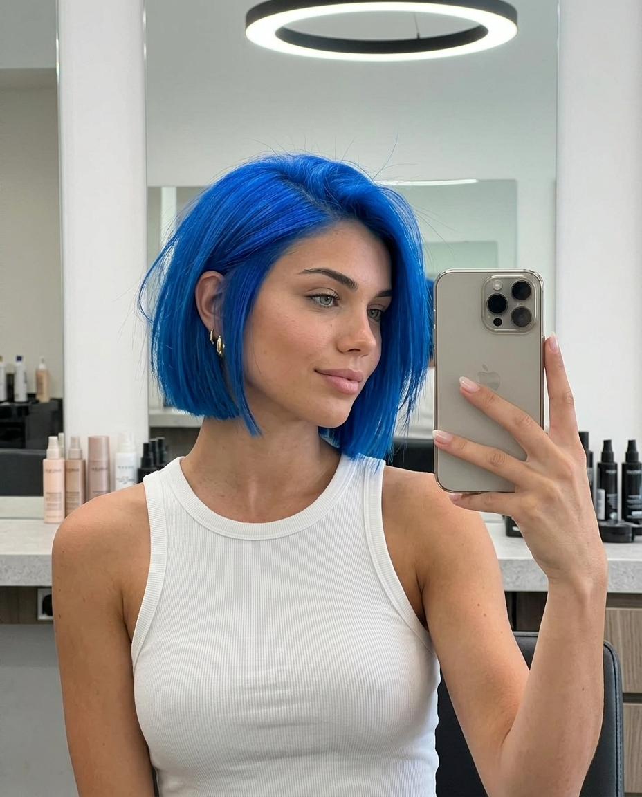 chin-length italian bob haircut in electric blue with shattered ends, razor cut — edgy music festival look