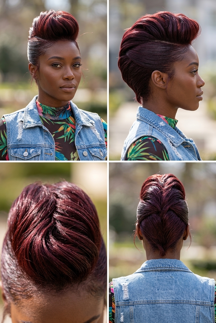 short vibrant electric blue faux hawk with slicked sides and sculpted texture for festival
