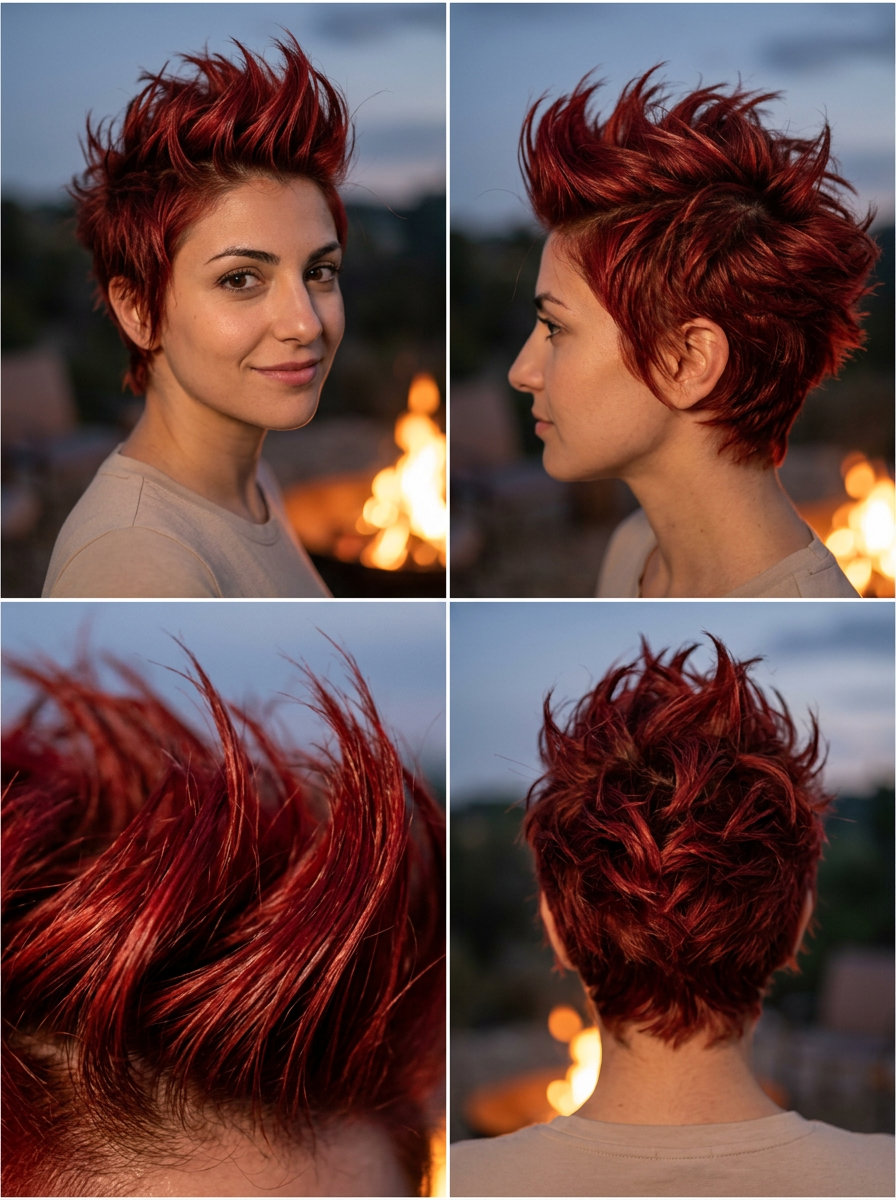 Edgy Pixie Cut 2026: Electric Blue Spikes short spiky pixie haircut with electric blue fashion color, textured spikes, no fringe — edgy music festival