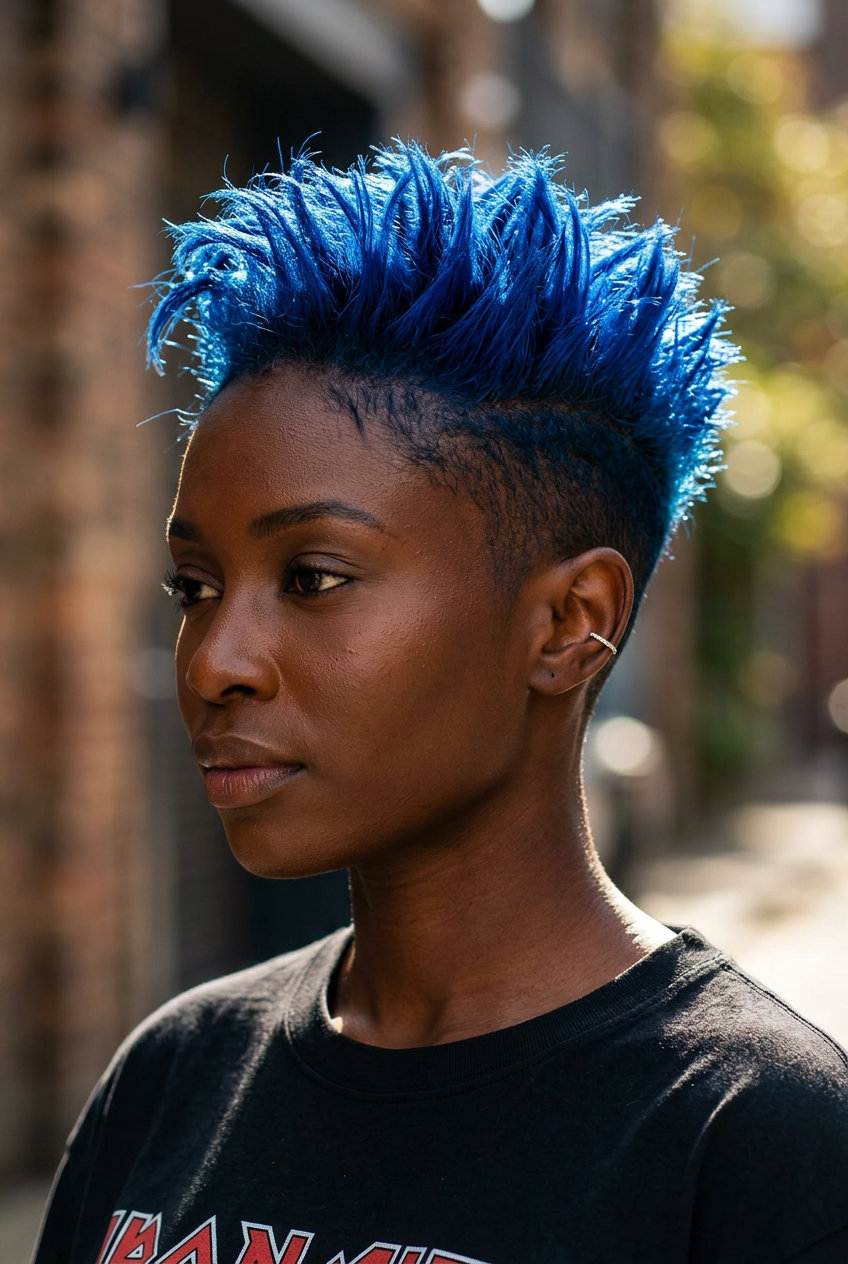 short electric blue pixie cut with choppy layers and buzzed undercut for bold festival wear
