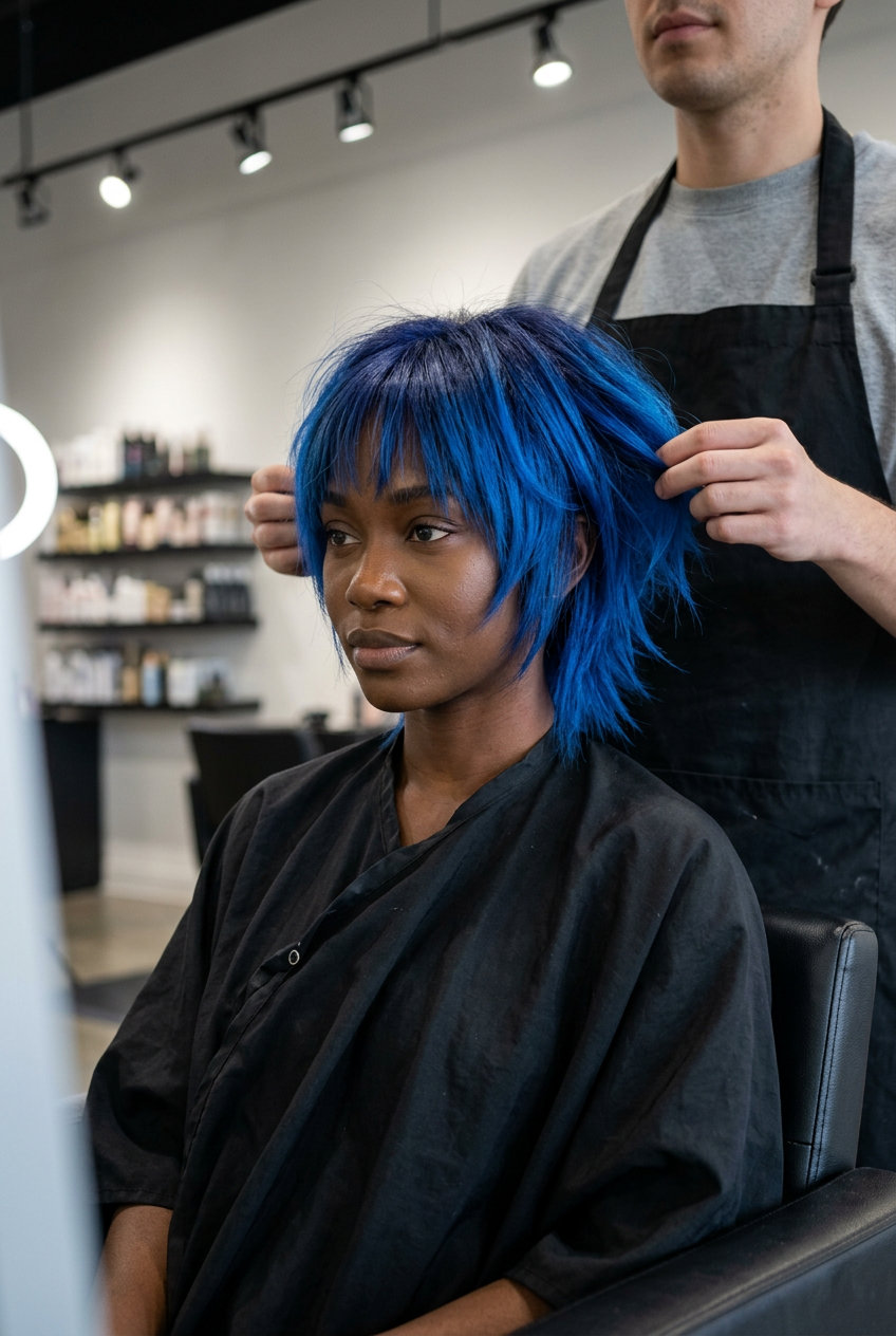 short shag haircut in electric blue with indigo root, razored layers, micro-fringe — avant-garde shag 2026