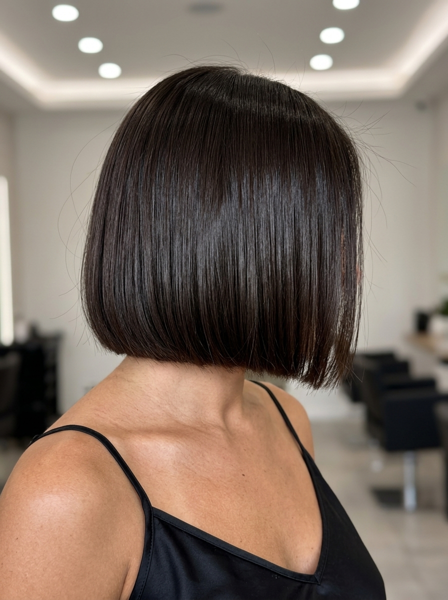 chin-length blunt bob haircut in deep espresso brown with high-gloss finish, sharp perimeter, for daily wear