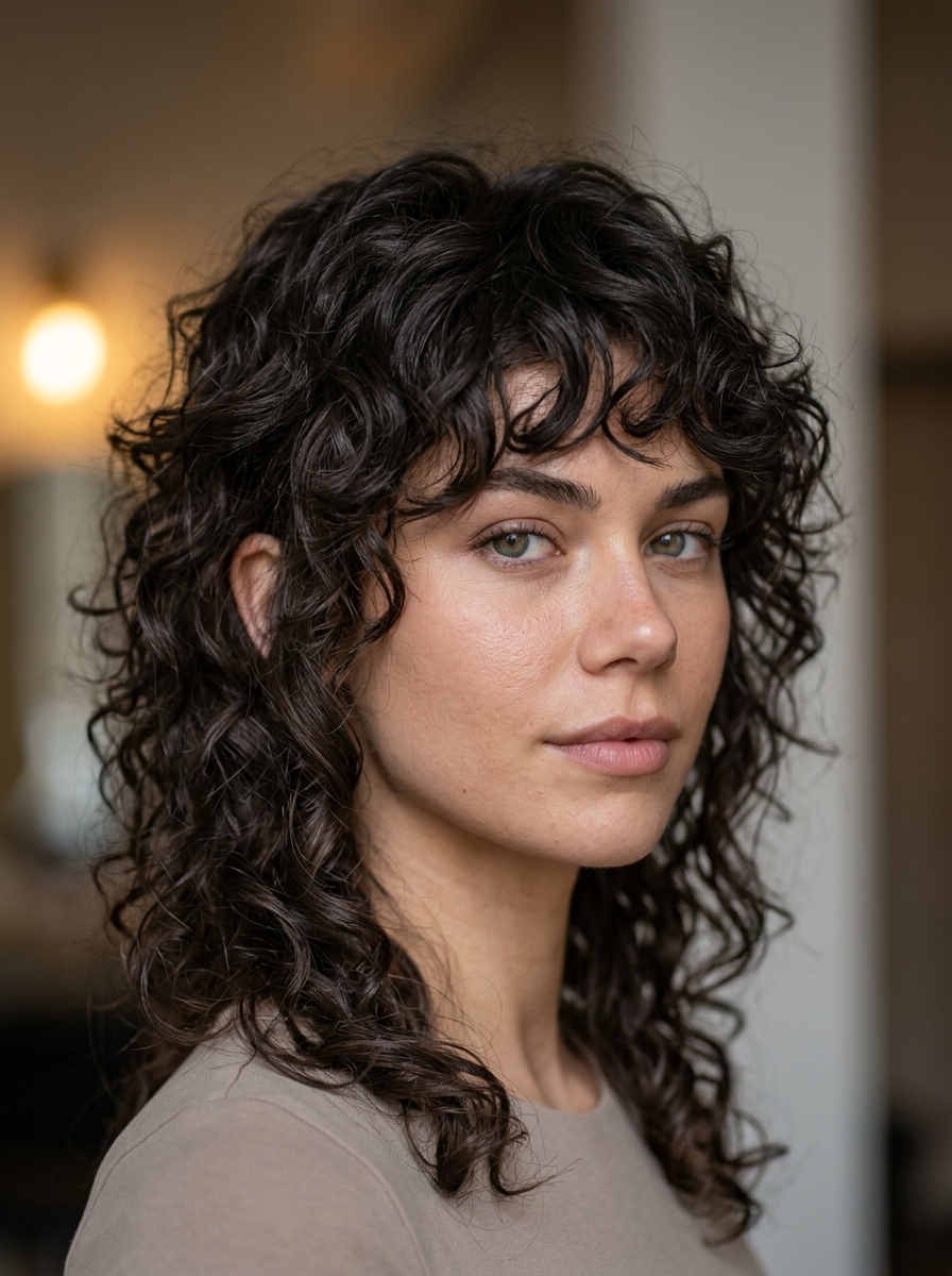 long curly espresso brown mullet with tapered sides and rounded layers for soft look