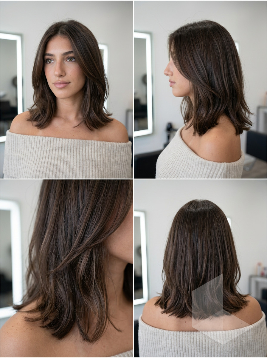 medium textured lob haircut with espresso brown color, face-framing layers, no bangs — polished style