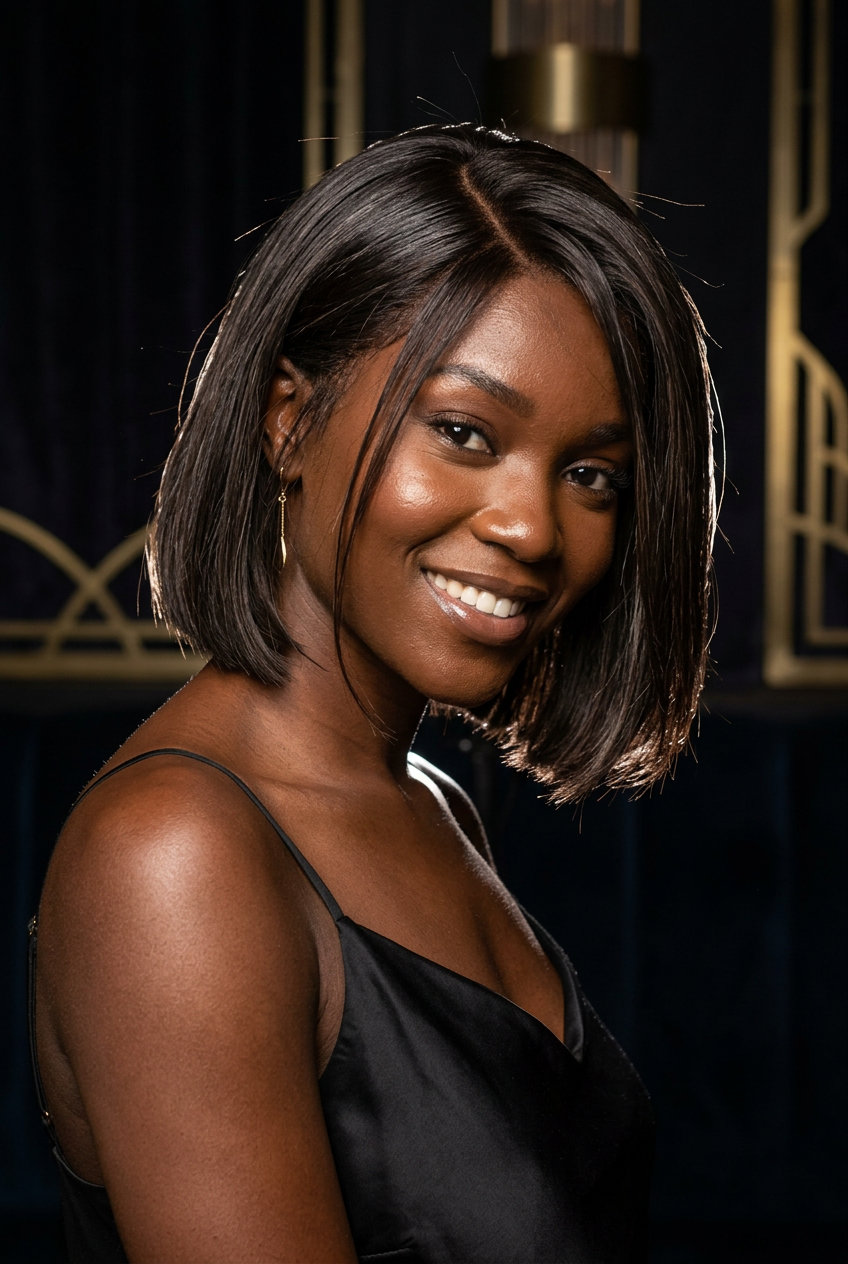 chin-length blunt bob haircut in deep espresso brunette with high-shine gloss for summer