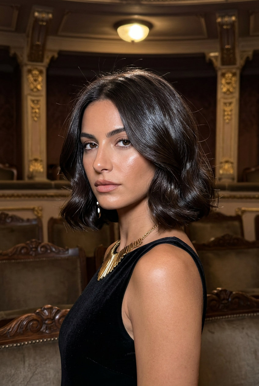 chin-length blunt bob with deep espresso brunette, sleek finish, no bangs for date night