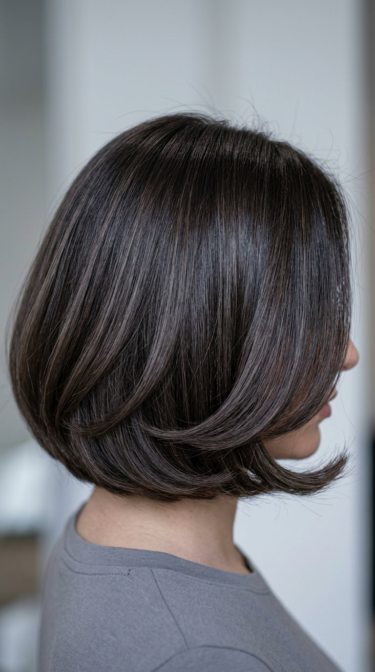 chin-length blunt bob haircut in espresso brunette with ash micro-lights, sculpted baroque shape for summer