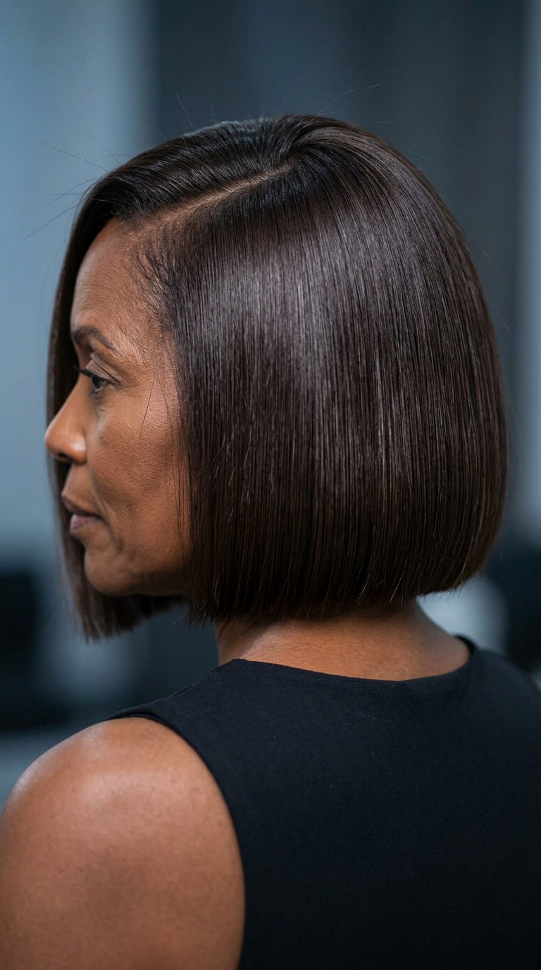 chin-length espresso brunette bob with blunt perimeter and deep side part