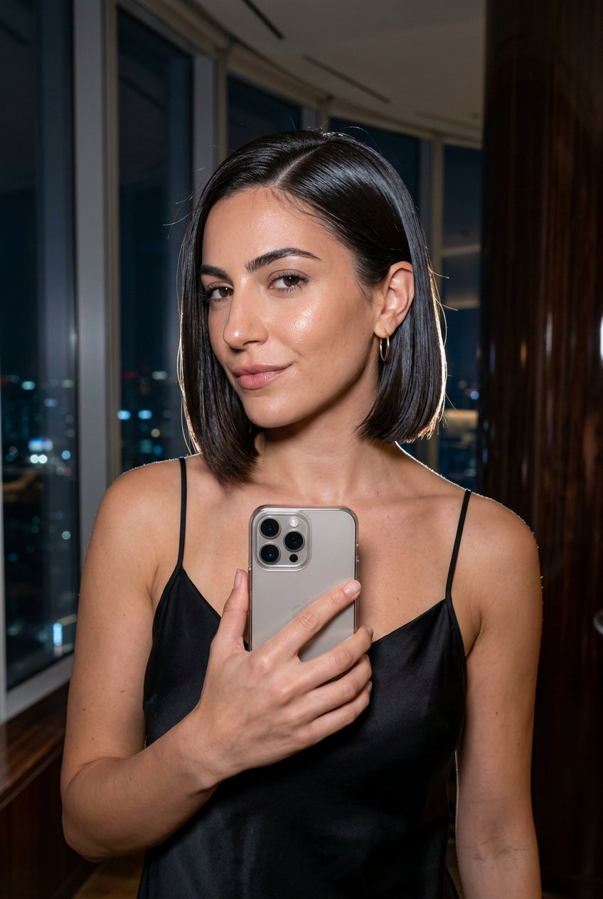 chin-length deep espresso brunette blunt bob with high-gloss finish for summer