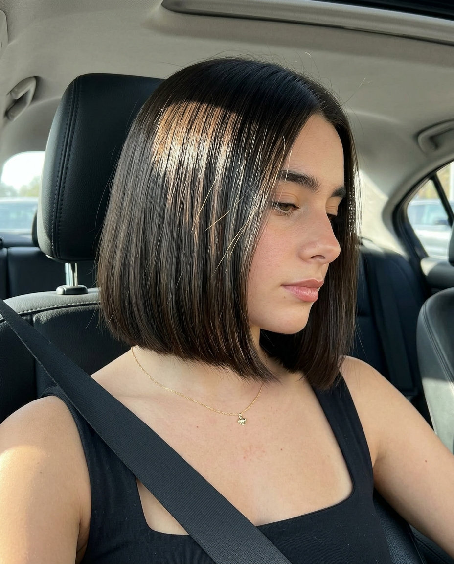 chin-length blunt bob haircut in deep espresso, sharp shears, no bangs — professional chic