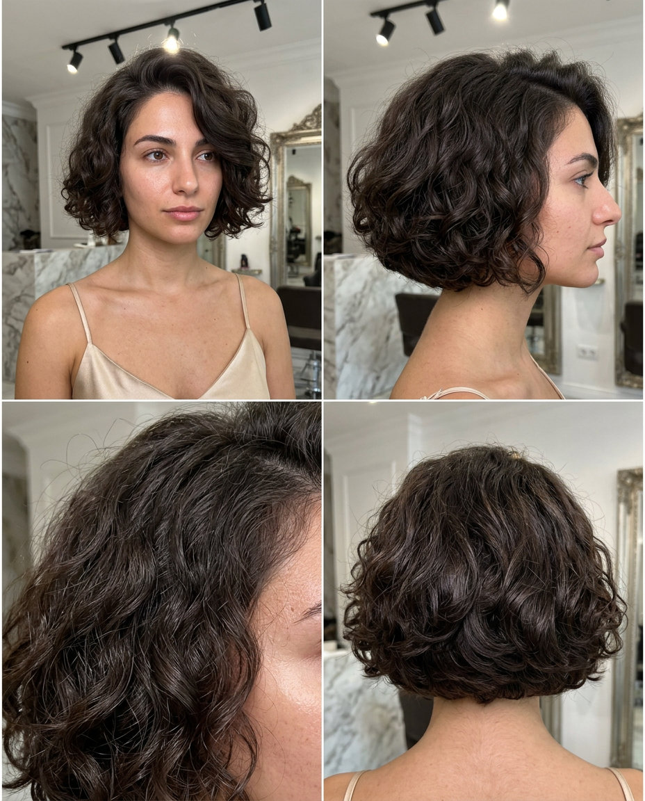 chin-length bob haircut in deep espresso brunette with voluminous curls for summer