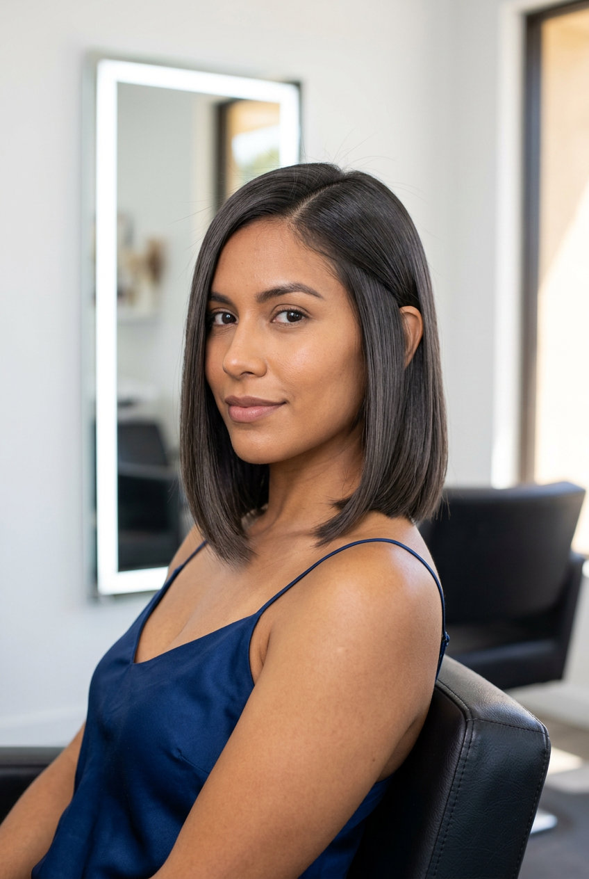collarbone-length blunt bob haircut in espresso brunette with glass hair finish for summer