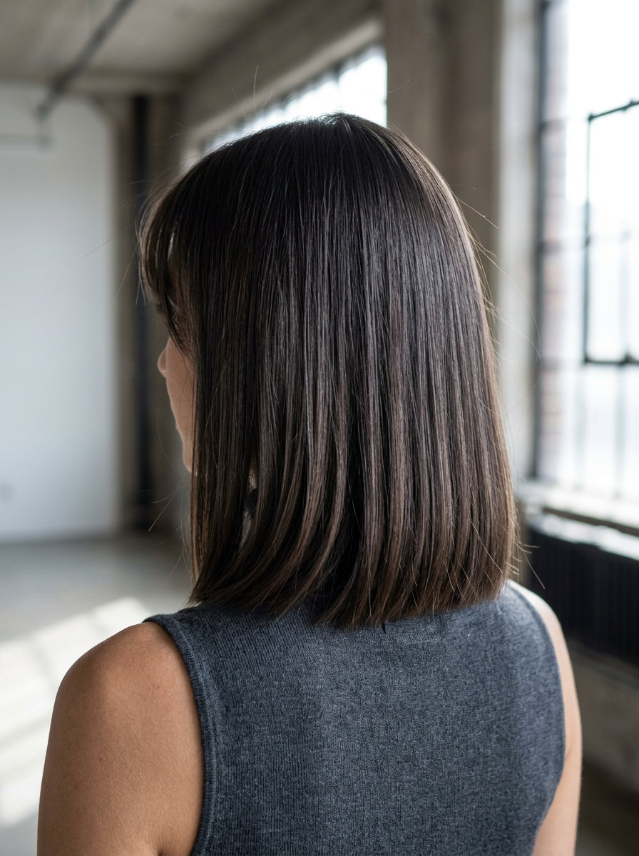 collarbone-length espresso brunette wispy bangs haircut with mocha lowlights for summer