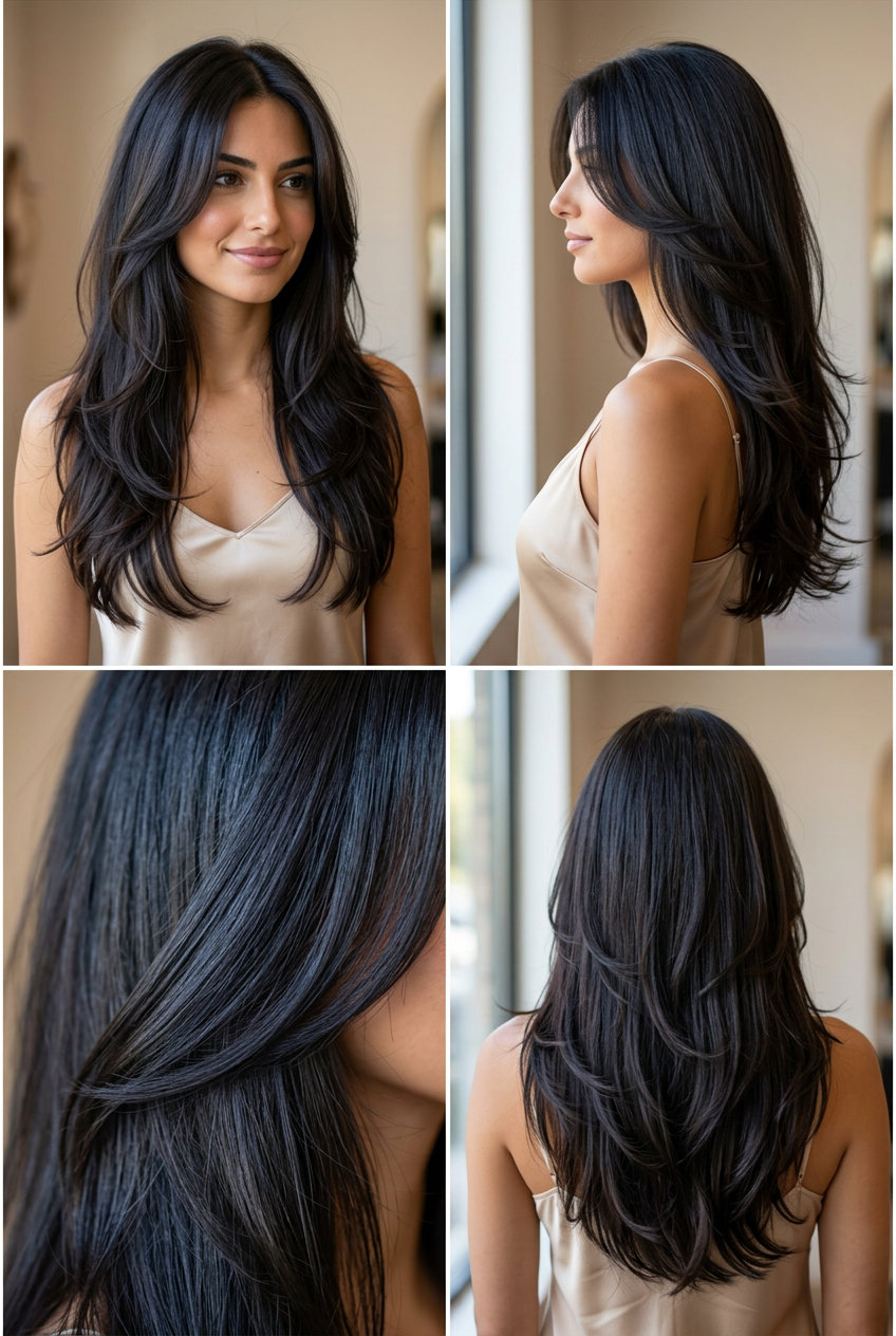 extra-long layered haircut in deep espresso brunette with cool undertones, cascading layers for movement