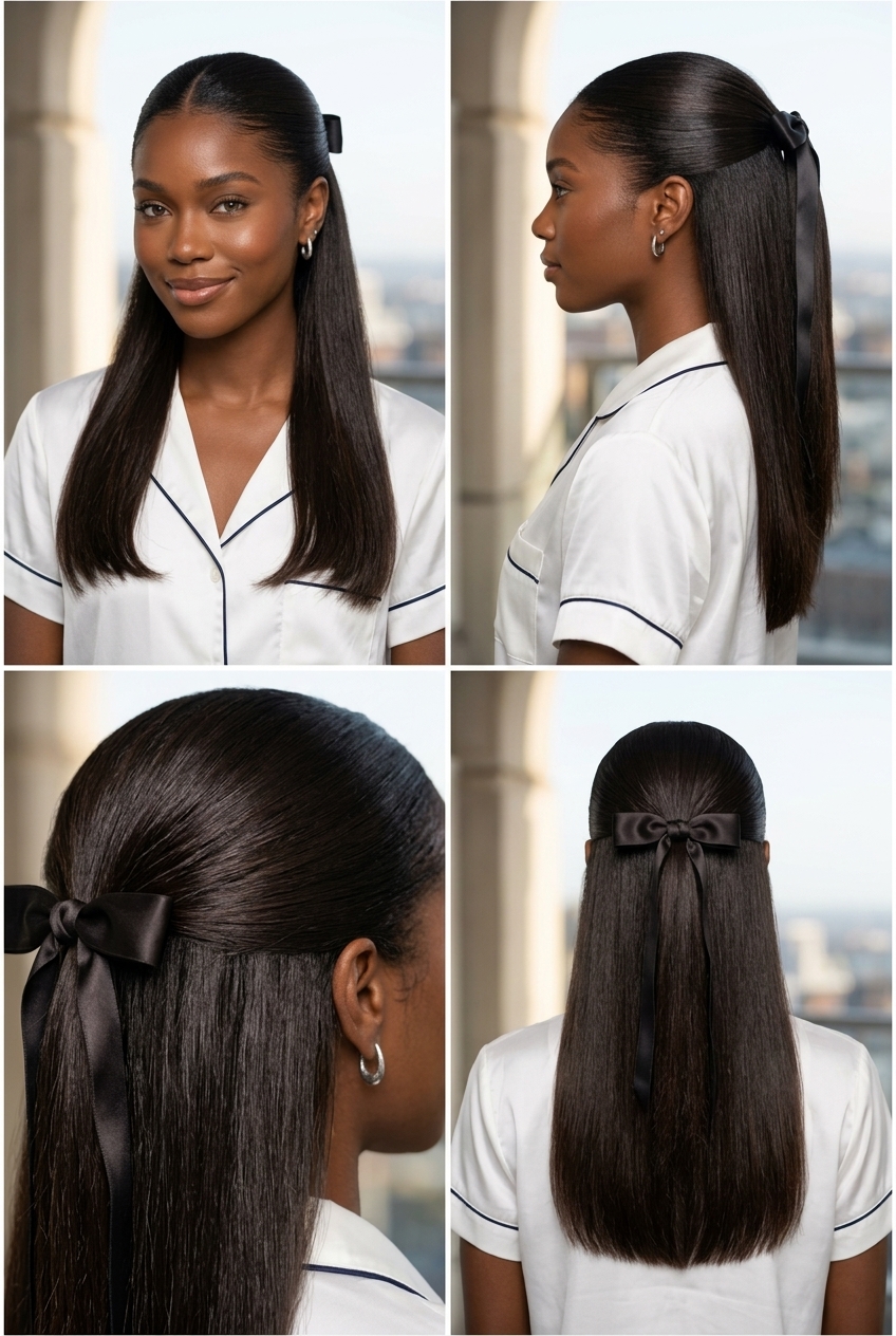 long blunt natural espresso brunette half up half down with high gloss, dense perimeter, no bangs — sophisticated minimalist luxe