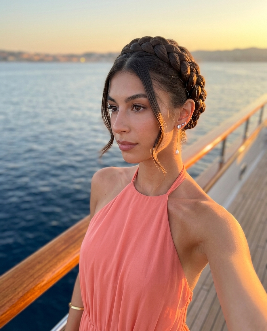 long espresso brunette braided updo with Dutch braid, deep side part — regal elegant