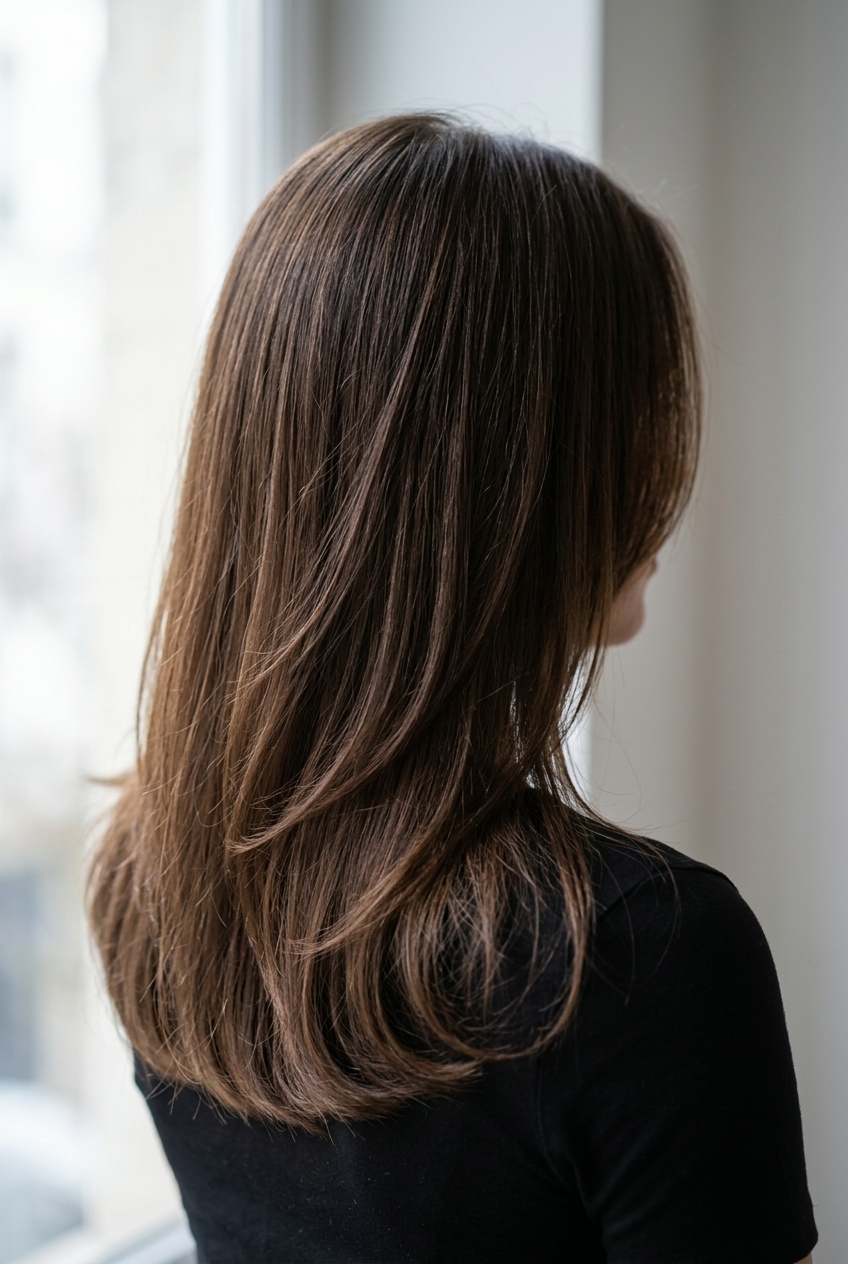 long hair with ghost layers in espresso brunette for summer 2026