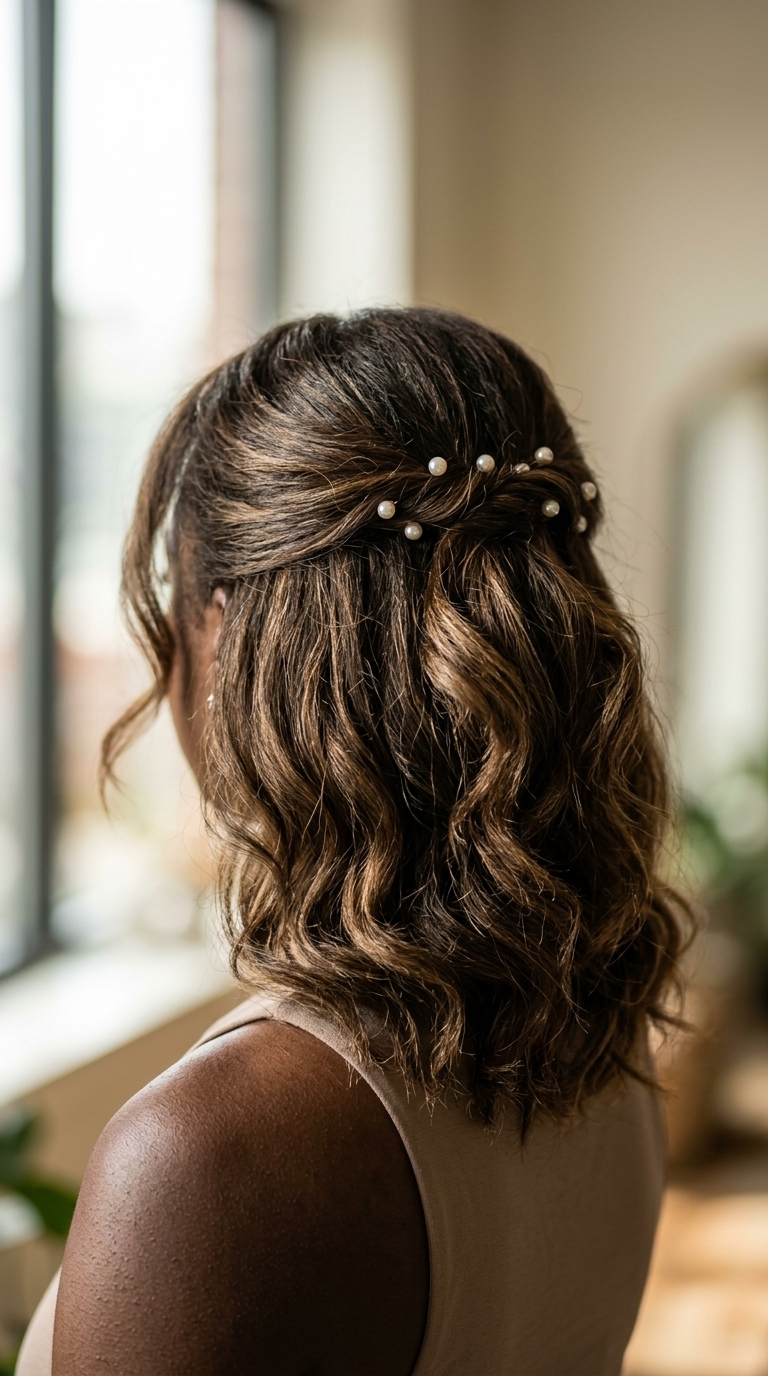 long half-up hairstyle with deep espresso brunette and pearl accents, soft waves, for summer