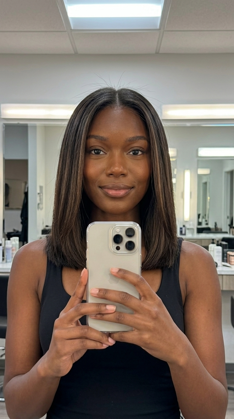 medium espresso brunette blunt cut with mocha highlights for summer