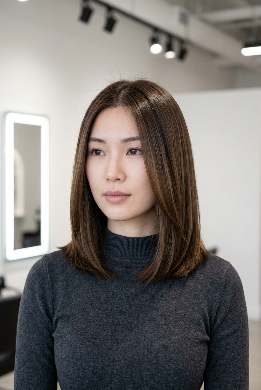 medium blunt haircut in espresso brunette with golden undertones, high gloss finish, no bangs — professional and sophisticated