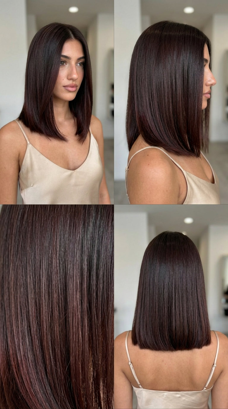 medium blunt haircut in deep espresso with red-violet undertones, high shine, no bangs — mysterious and sophisticated