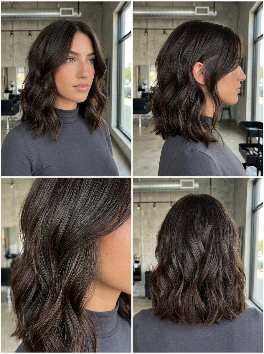 medium espresso brunette lob haircut with undercut, textured perimeter and long face-framing pieces for music festival