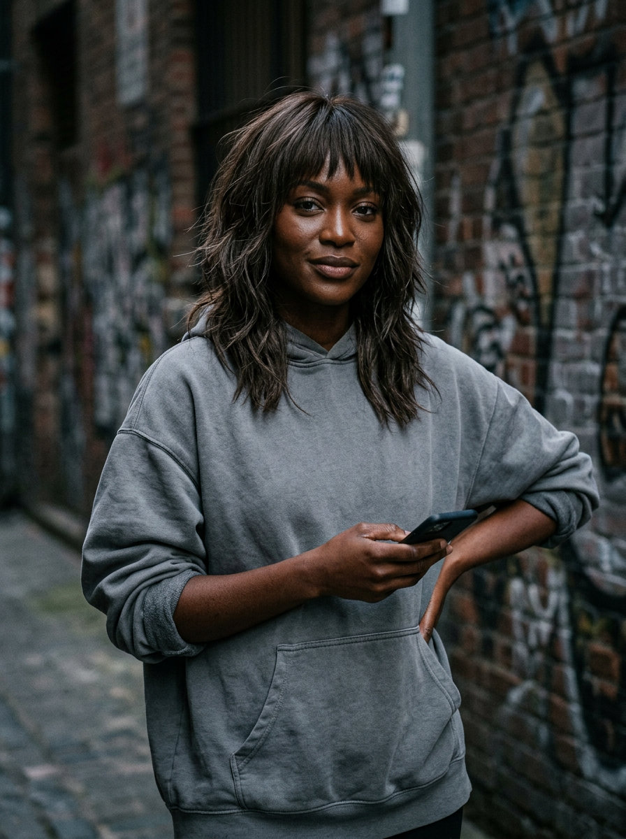medium shag haircut in espresso brunette with ash lowlights, razored layers, textured fringe — edgy festival style