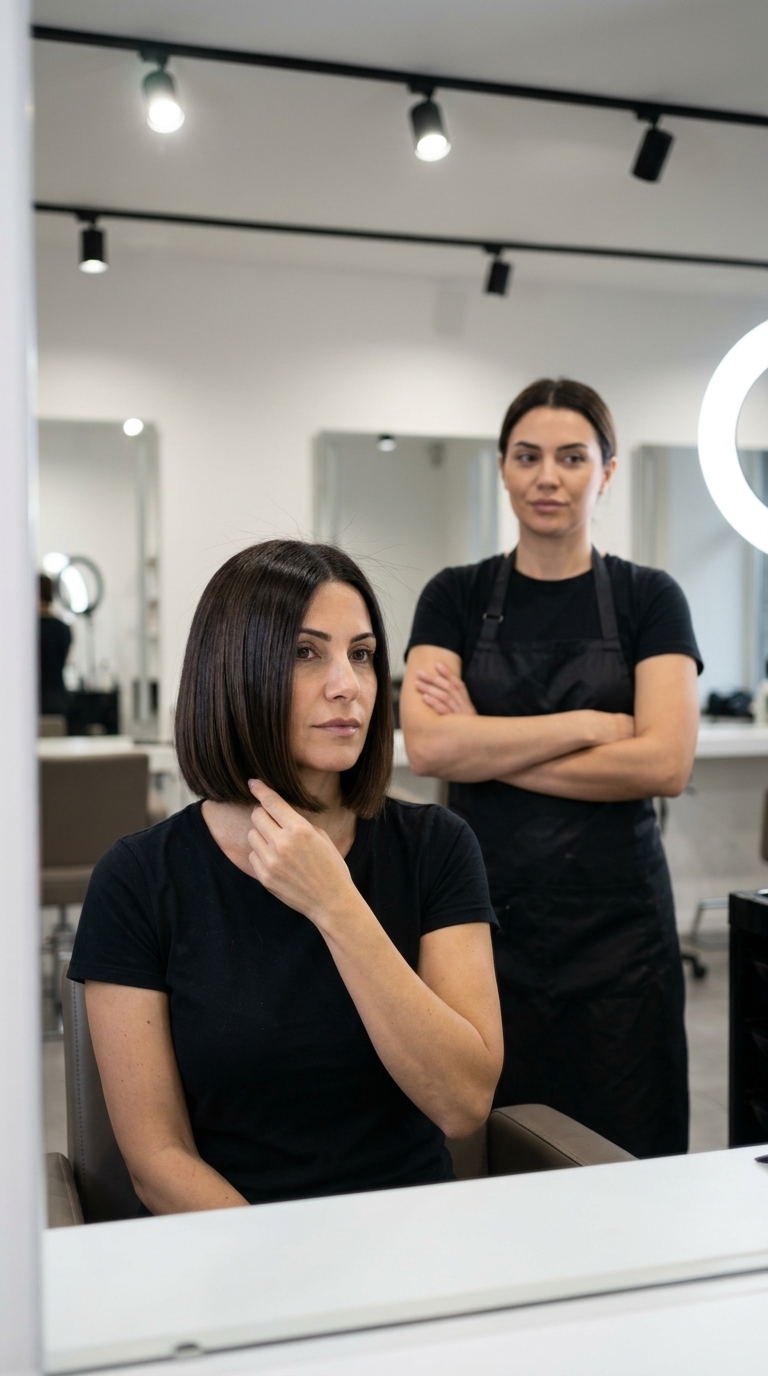 Elegant Italian Bob: Sophisticated Summer Style 2026 neck-length Italian bob haircut with espresso brunette, caramel lowlights, and sharp blunt perimeter for sophistication