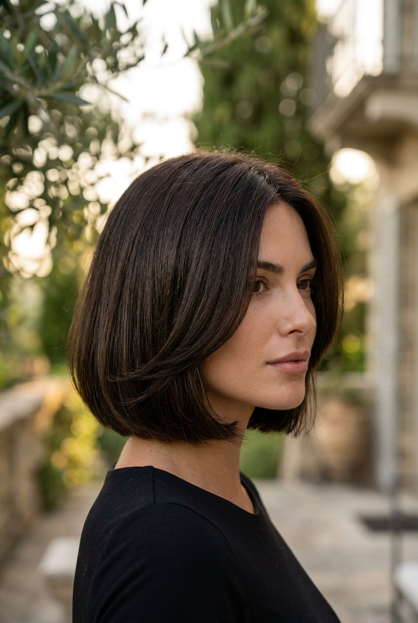 short layered bob haircut in deep espresso brunette with internal chunky layers, sophisticated polish